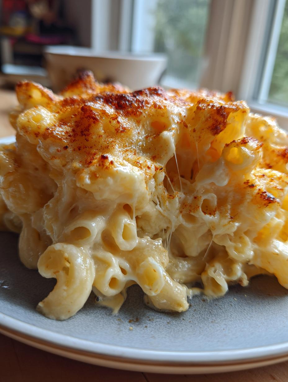 Close-up of a serving of Creamy Baked Three Cheese Mac and Cheese with gooey melted cheese strings.
