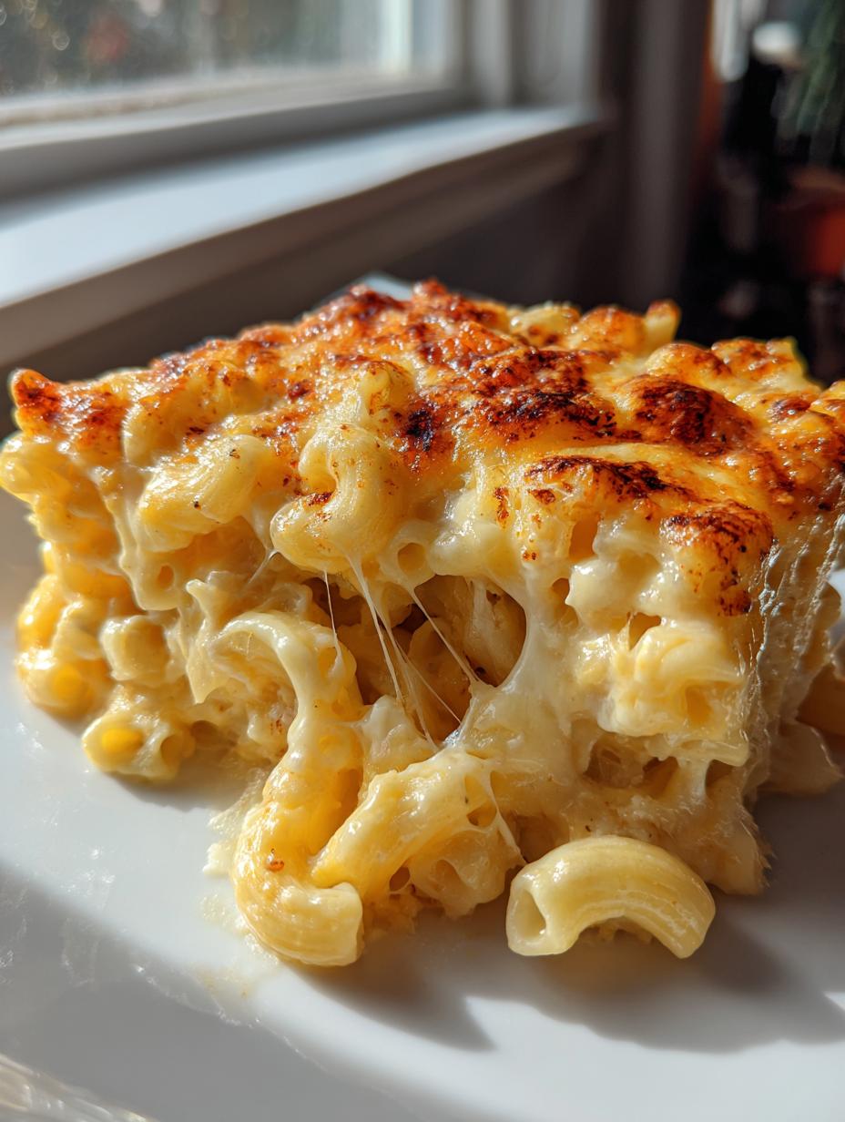 A delicious slice of Creamy Baked Three Cheese Mac and Cheese with gooey melted cheese strings.