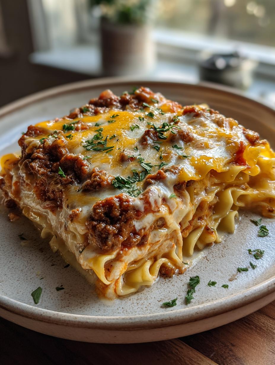 A delicious slice of Creamy Beef and Noodle Casserole, topped with melted cheese and parsley.