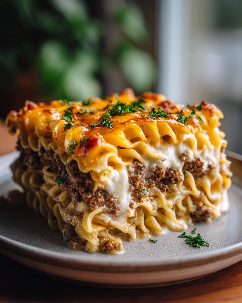 A delicious slice of Creamy Beef and Noodle Casserole, topped with melted cheese and parsley.