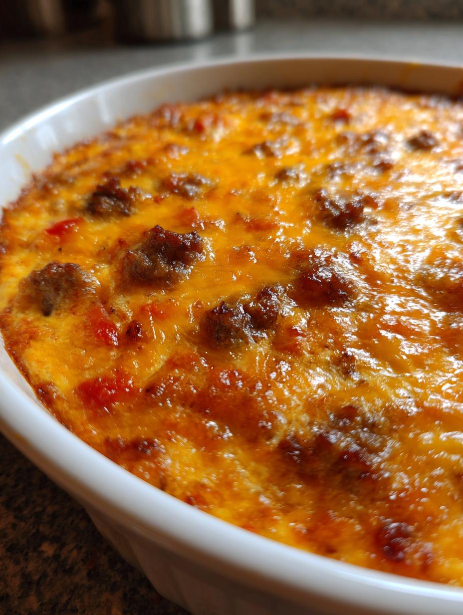 Close-up of bubbly Creamy Cheddar Rotel Style Queso Dip in a white baking dish, topped with melted cheese and sausage.
