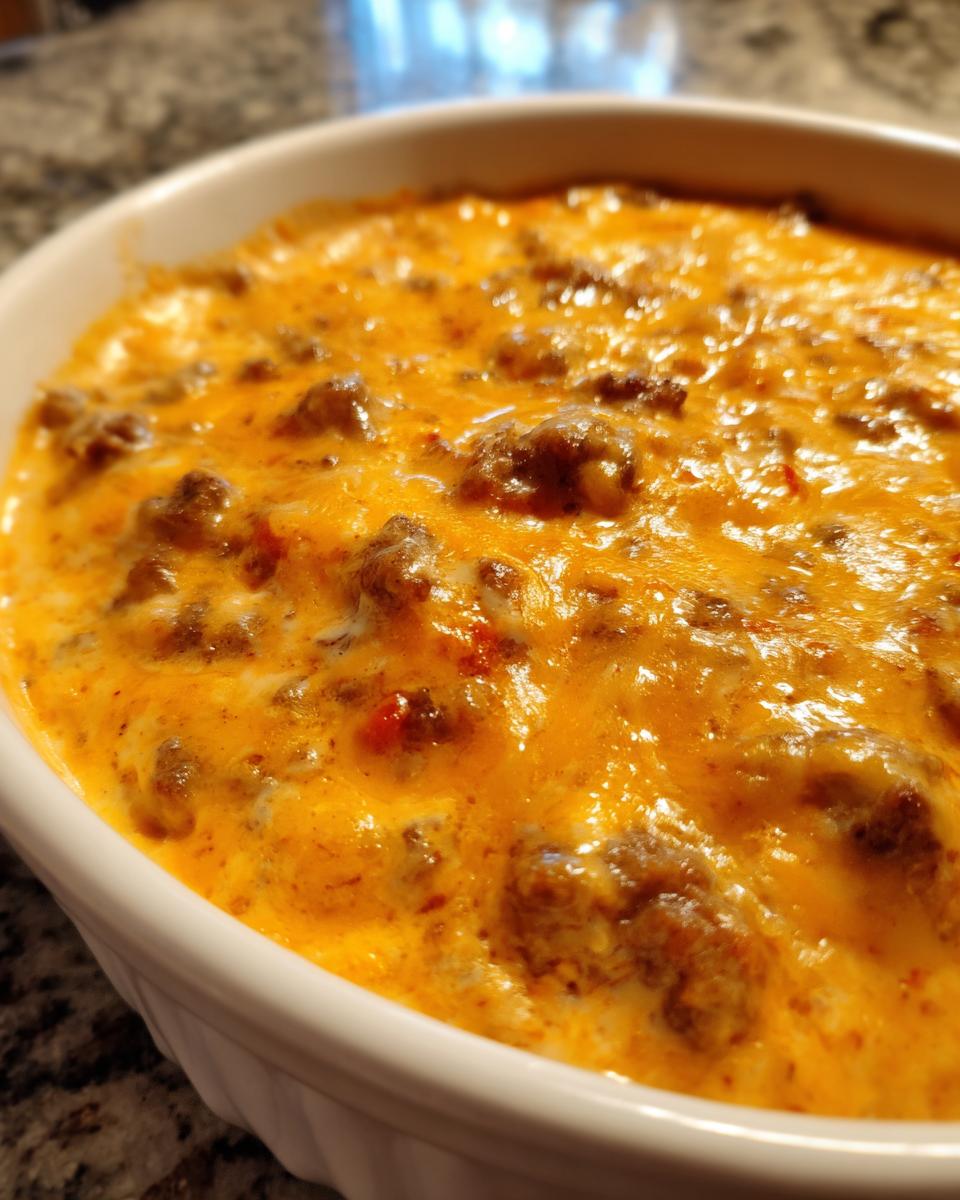 Close-up of a white dish filled with bubbly, melted Creamy Cheddar Rotel Style Queso Dip with ground meat.