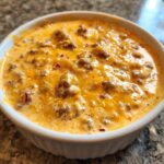 A close-up of a white bowl filled with bubbling Creamy Cheddar Rotel Style Queso Dip with ground meat and red pepper flakes.