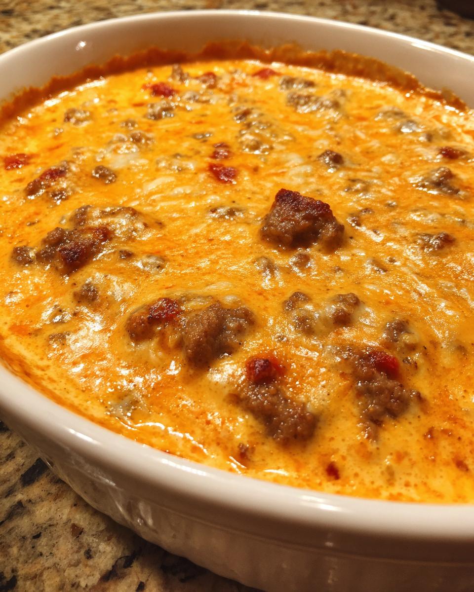 Close-up of a bubbly Creamy Cheddar Rotel Style Queso Dip with chunks of sausage and red peppers in a white dish.