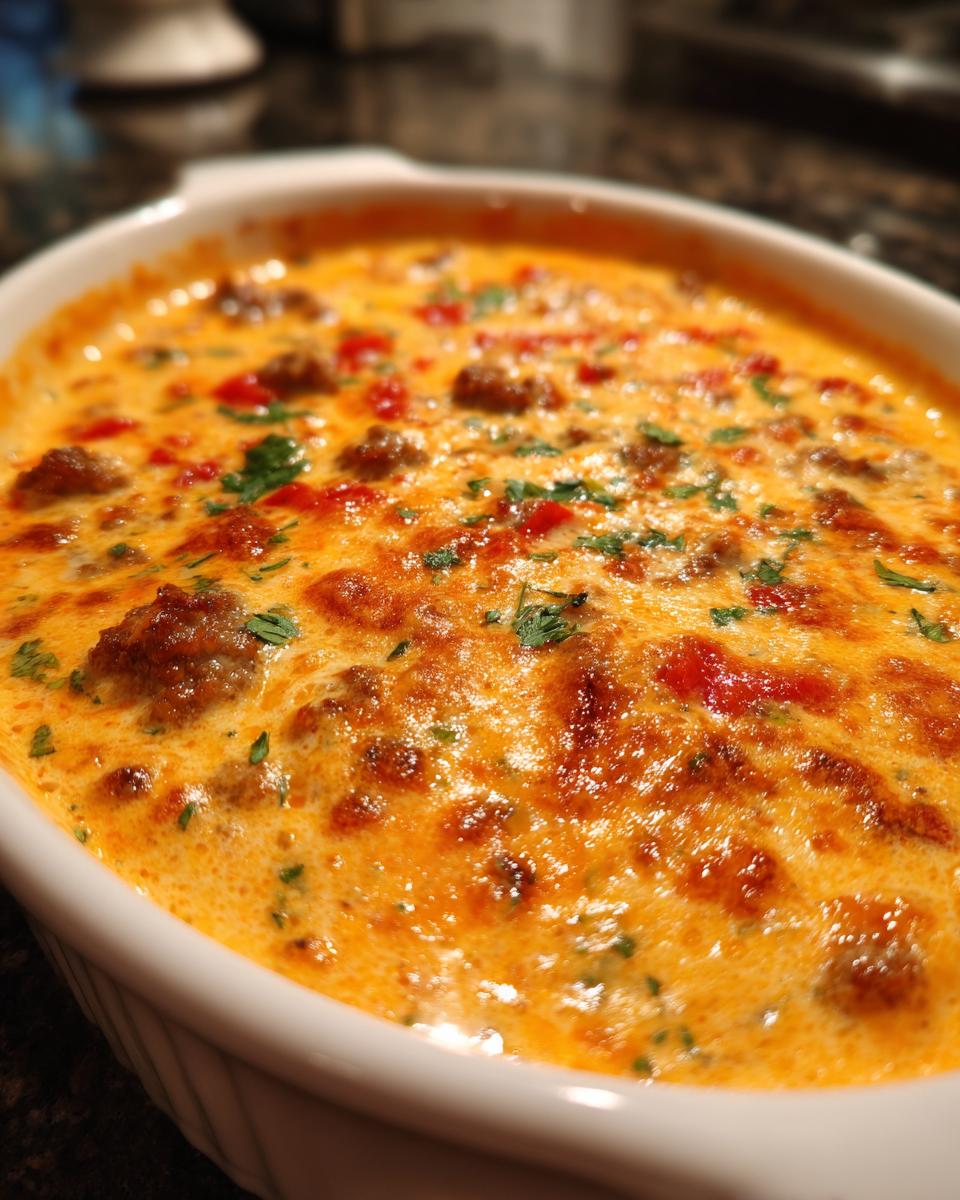Close-up of a bubbly Creamy Cheddar Rotel Style Queso Dip with chunks of sausage and flecks of parsley.