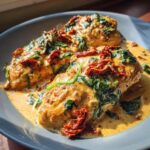 Close-up of Creamy Greek Yogurt Tuscan Chicken breasts in a rich sauce with spinach and sun-dried tomatoes.