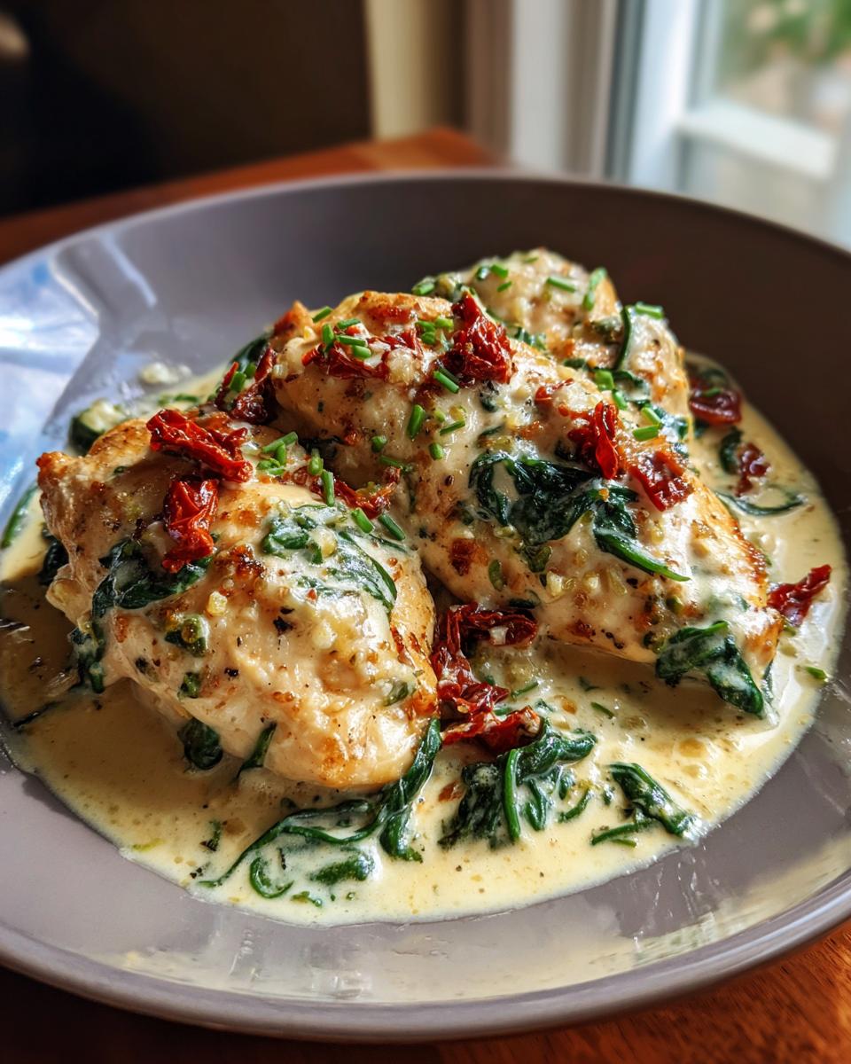 Close-up of Creamy Greek Yogurt Tuscan Chicken breasts in a rich sauce with spinach and sun-dried tomatoes.