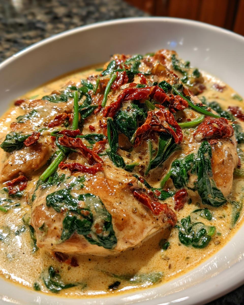 Close-up of Creamy Greek Yogurt Tuscan Chicken dish with wilted spinach and sun-dried tomatoes in a rich sauce.