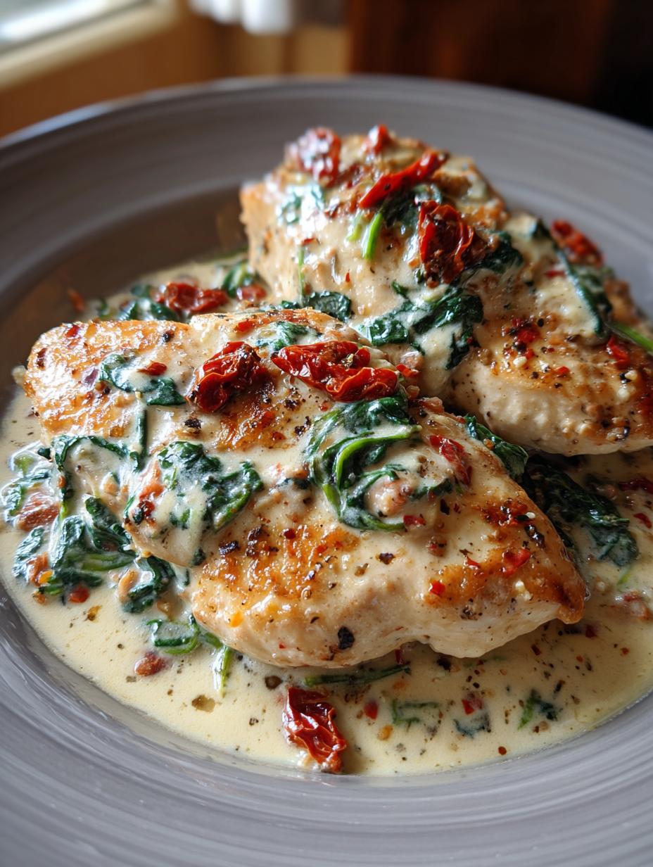 Close-up of two pieces of Creamy Greek Yogurt Tuscan Chicken served in a rich sauce with spinach and sun-dried tomatoes.