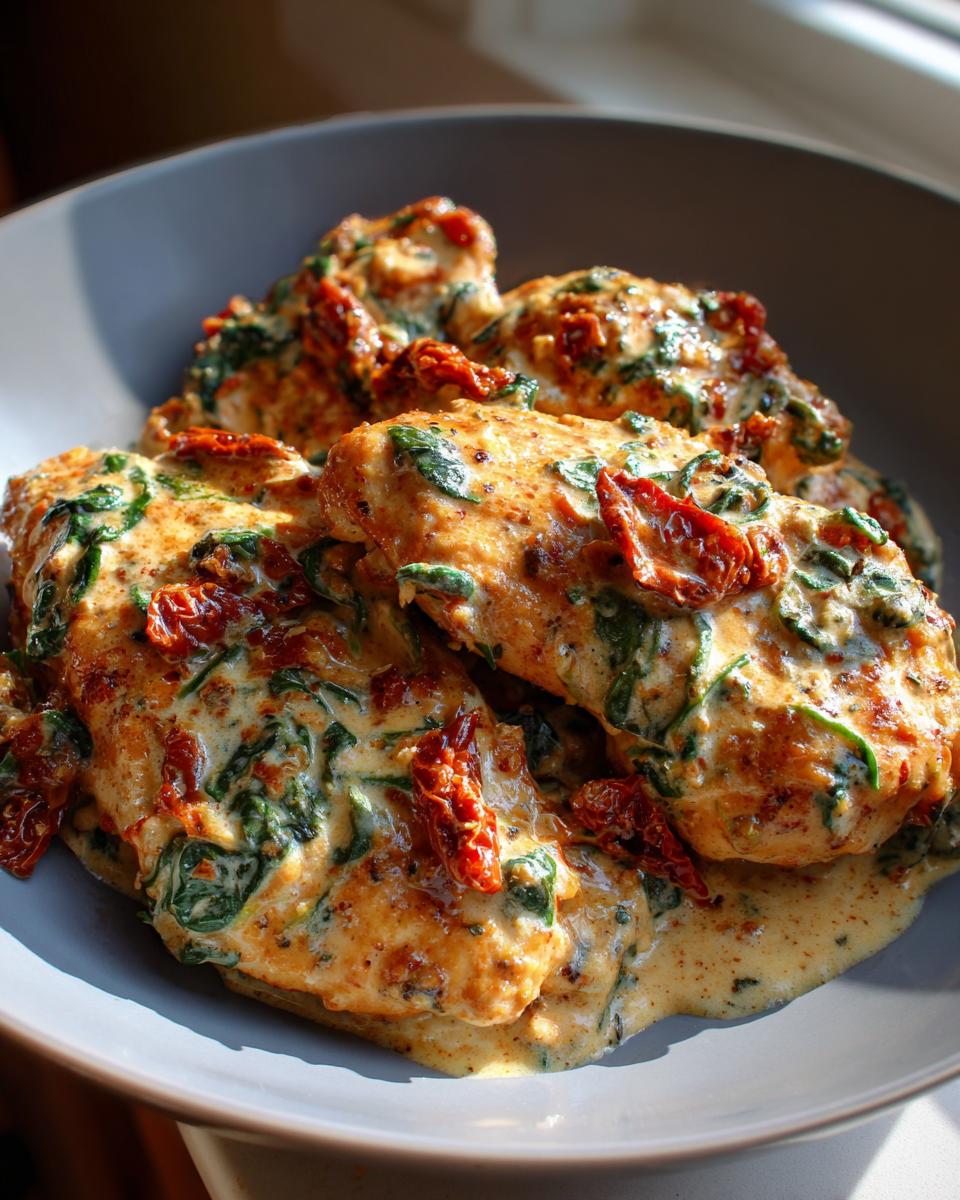 Close-up of Creamy Greek Yogurt Tuscan Chicken breasts in a rich sauce with spinach and sun-dried tomatoes.