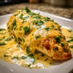 A close-up of a juicy chicken breast covered in creamy green chile sauce and fresh parsley.