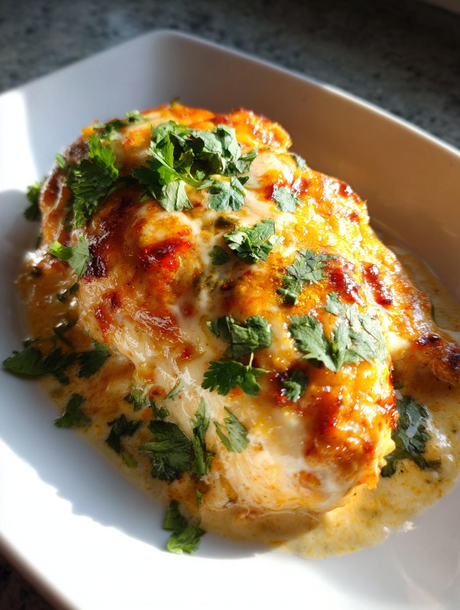 A close-up of a Creamy Green Chile Chicken Bake topped with melted cheese and fresh cilantro.