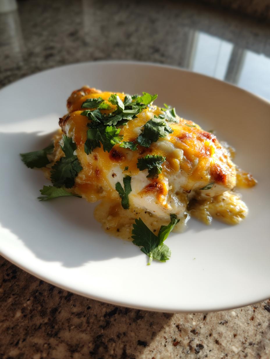 A serving of Creamy Green Chile Chicken Bake topped with melted cheese and fresh cilantro on a white plate.