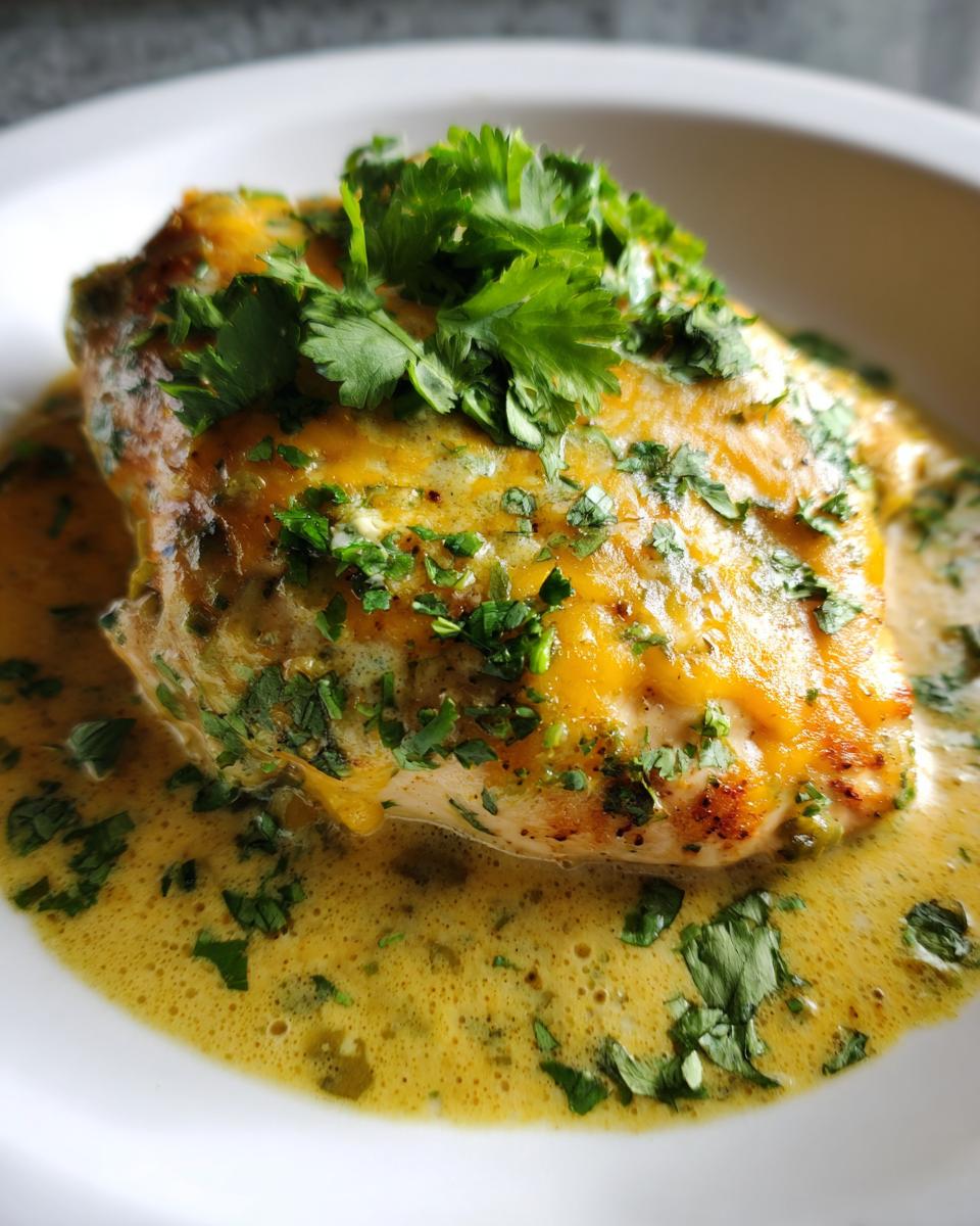 A close-up of a juicy chicken breast baked in a creamy green chile sauce, topped with fresh cilantro.