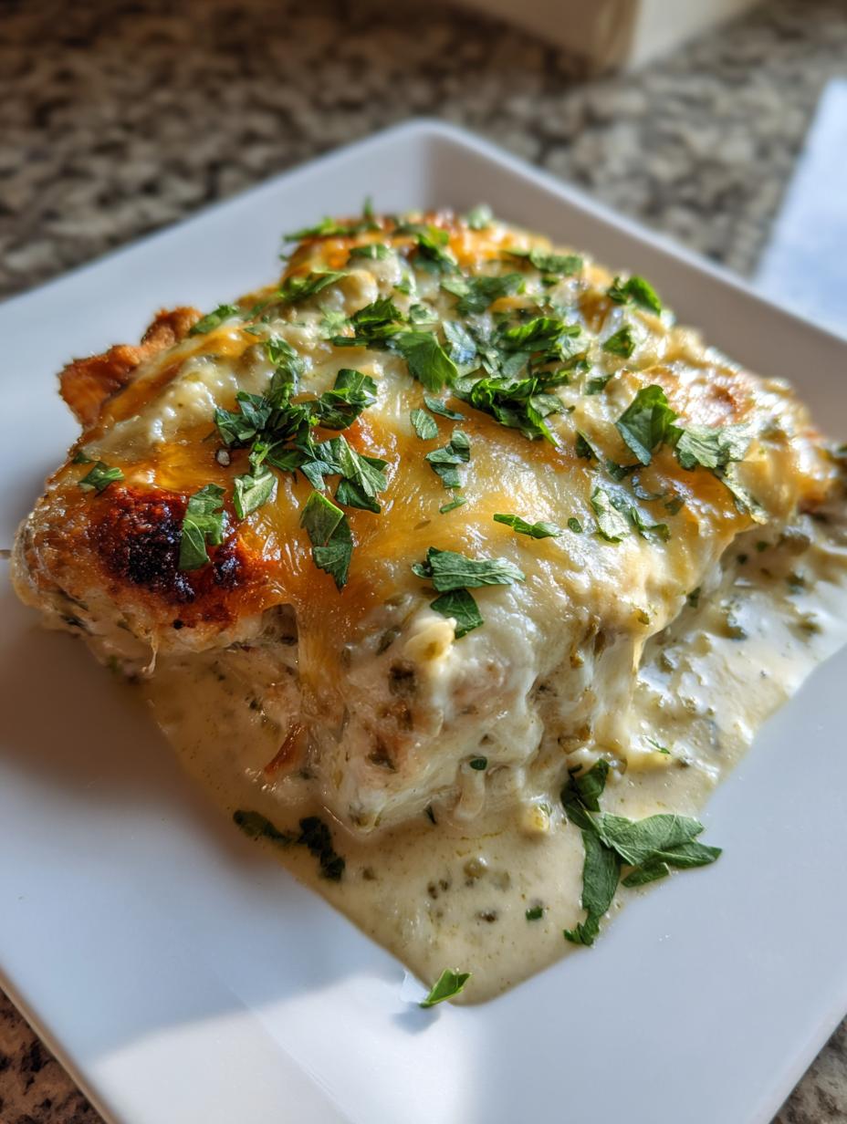 A delicious slice of Creamy Green Chile Chicken Bake, topped with melted cheese and fresh parsley.