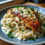 A close-up of a delicious Creamy Herb Chicken and Rice Casserole, featuring a golden-brown chicken breast topped with melted cheese over creamy rice.