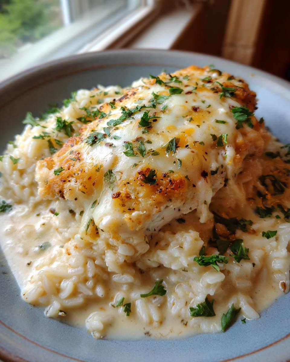 Amazing Creamy Herb Chicken and Rice Casserole 8 A close-up of Creamy Herb Chicken and Rice Casserole topped with melted cheese and fresh parsley.