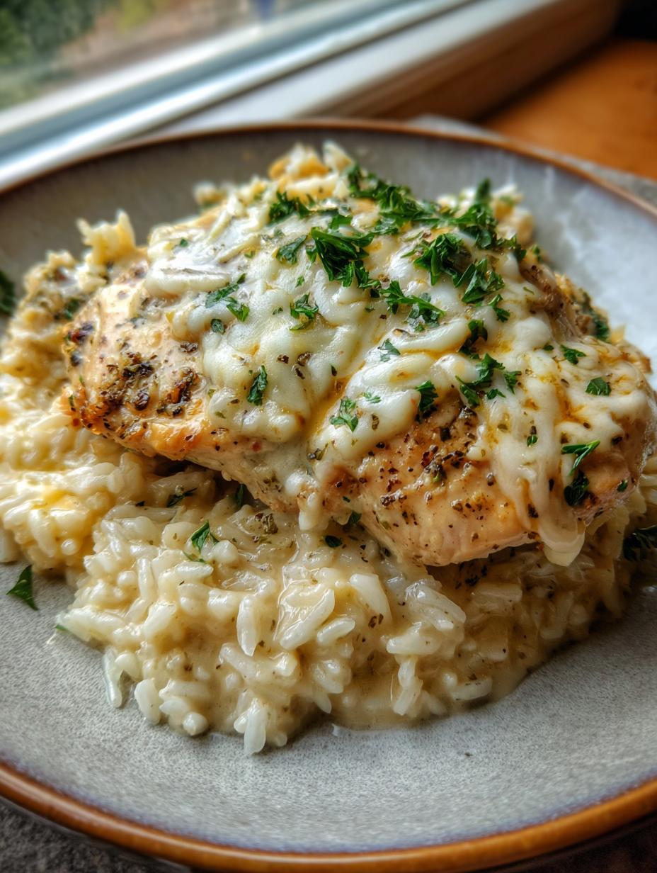 Amazing Creamy Herb Chicken and Rice Casserole 6 A serving of Creamy Herb Chicken and Rice Casserole topped with melted cheese and fresh parsley.