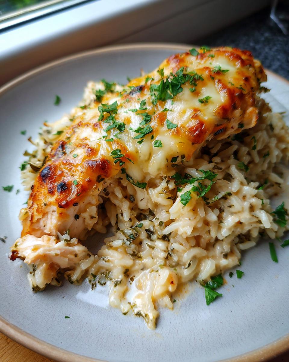 Amazing Creamy Herb Chicken and Rice Casserole 7 A close-up of a serving of Creamy Herb Chicken and Rice Casserole, featuring tender chicken with melted cheese and fluffy rice mixed with herbs.