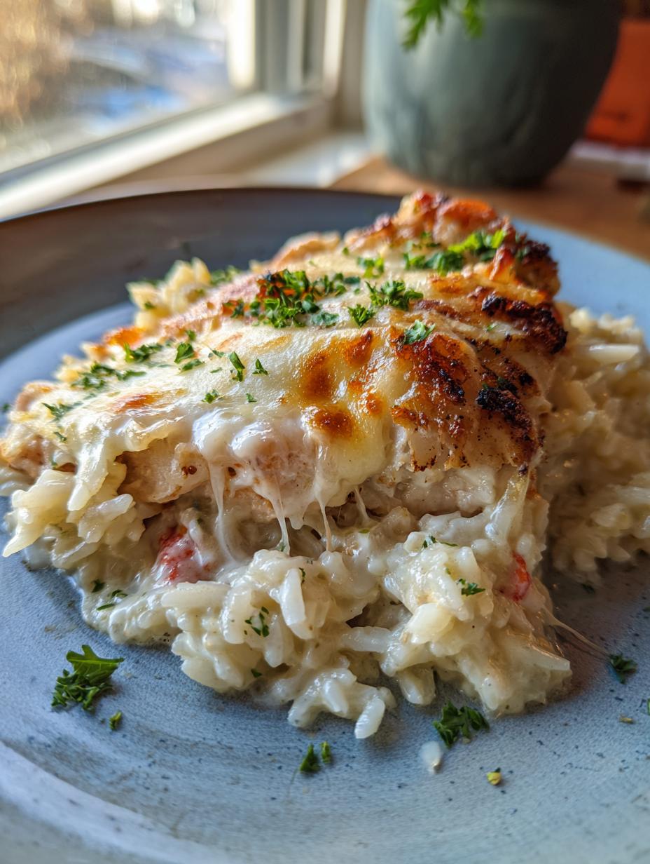 Amazing Creamy Herb Chicken and Rice Casserole 9 A delicious slice of Creamy Herb Chicken and Rice Casserole with melted cheese and fresh parsley.