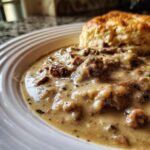 Close-up of a bowl of creamy turkey sausage gravy with chunks of sausage and a golden biscuit.
