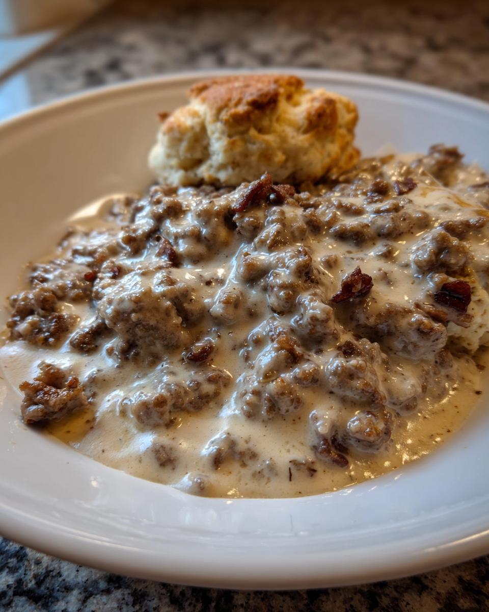 A bowl of Creamy Turkey Sausage Gravy served with a golden-brown biscuit.