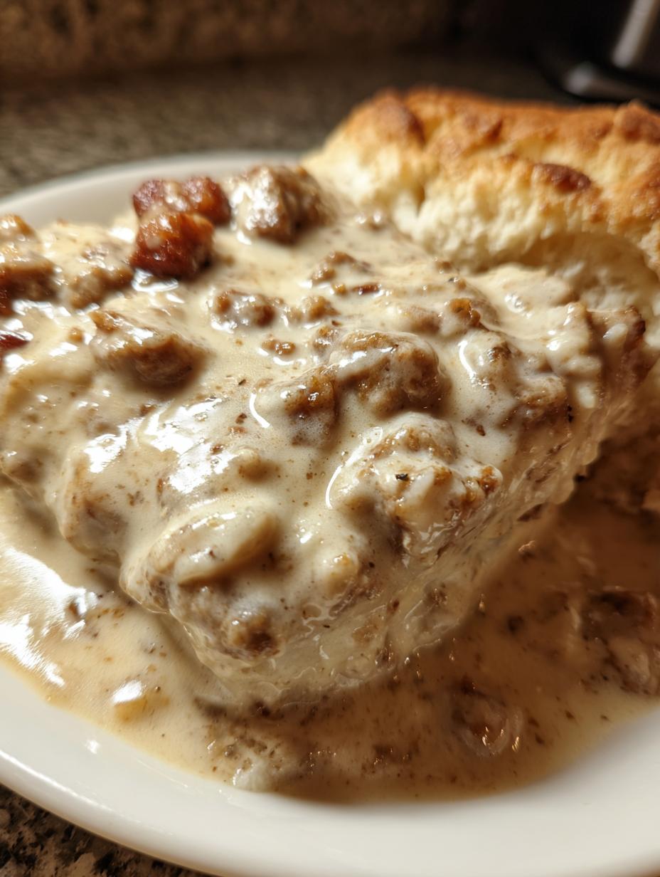 Close-up of a fluffy biscuit topped with rich, creamy turkey sausage gravy.