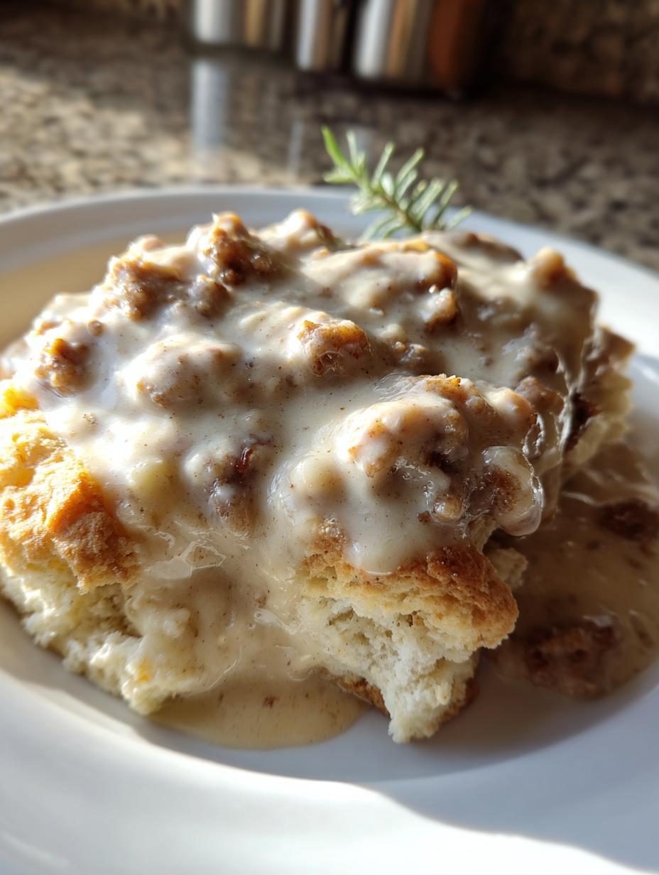 A close-up of a fluffy biscuit generously topped with creamy turkey sausage gravy and a sprig of rosemary.
