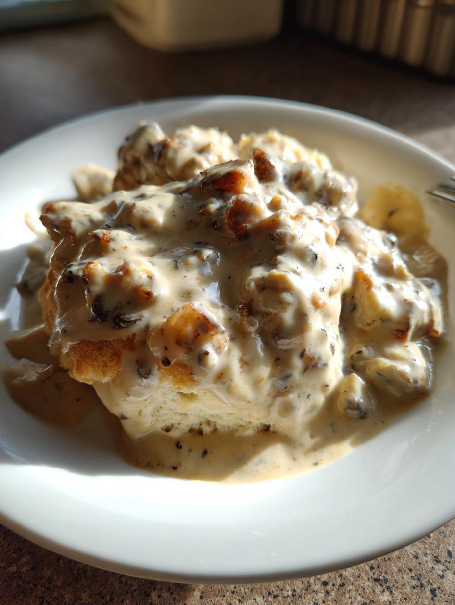 A close-up of fluffy biscuits smothered in rich, creamy turkey sausage gravy.
