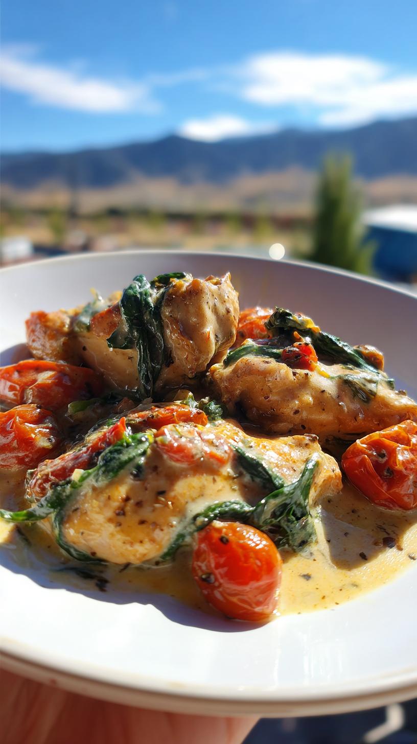 Close-up of Creamy Tuscan Chicken Easy Dinner with tender chicken pieces, cherry tomatoes, and spinach in a rich sauce.