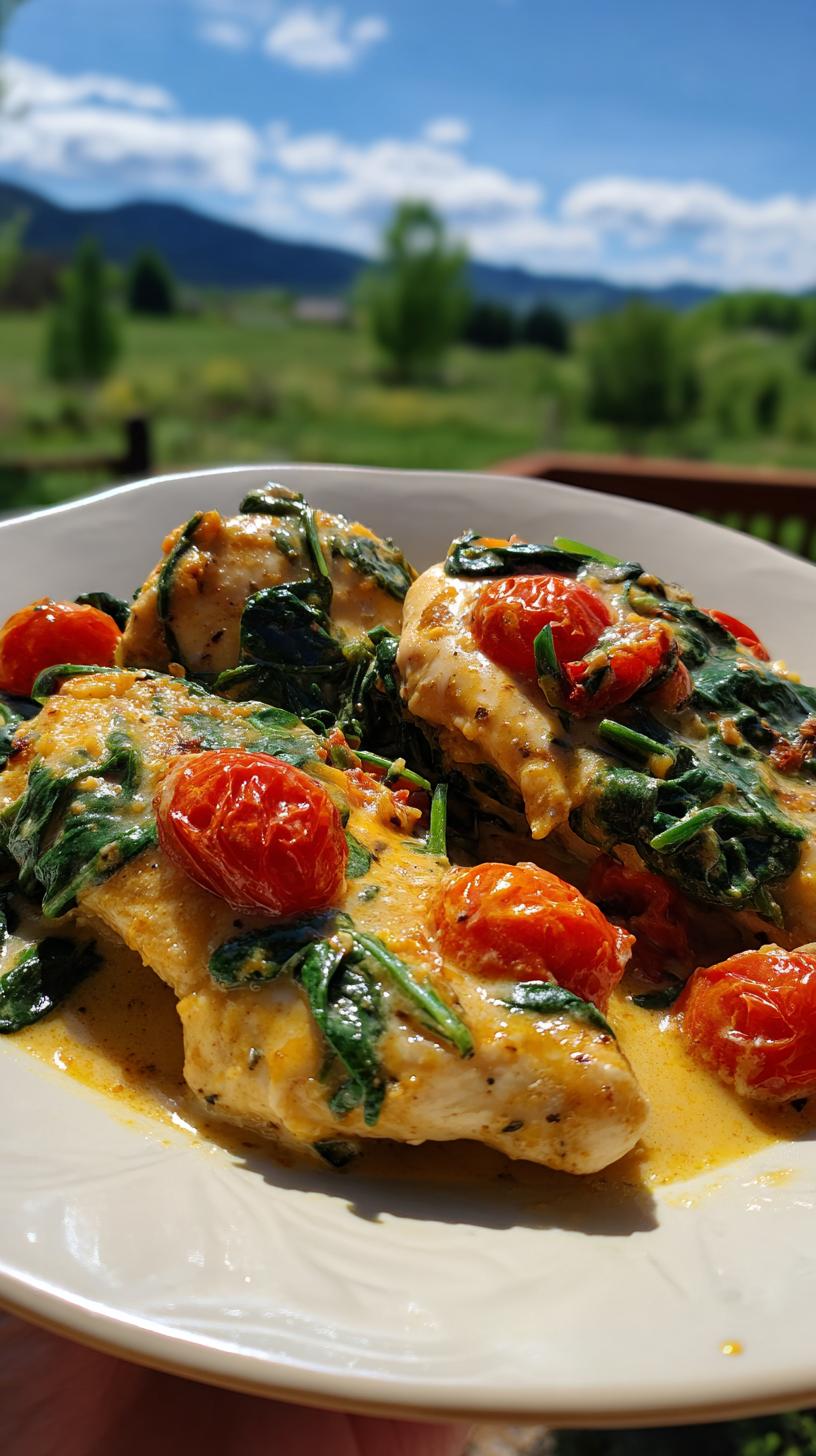Close-up of Creamy Tuscan Chicken with spinach and cherry tomatoes in a rich sauce on a white plate.