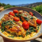 Close-up of pan-seared chicken breasts in a creamy sauce with spinach and cherry tomatoes, a perfect Creamy Tuscan Chicken Easy Dinner.
