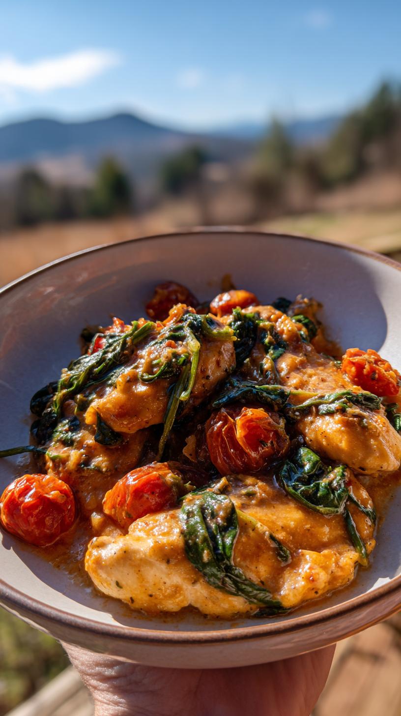 A close-up of Creamy Tuscan Chicken Easy Dinner, featuring tender chicken pieces in a rich sauce with cherry tomatoes and wilted spinach.