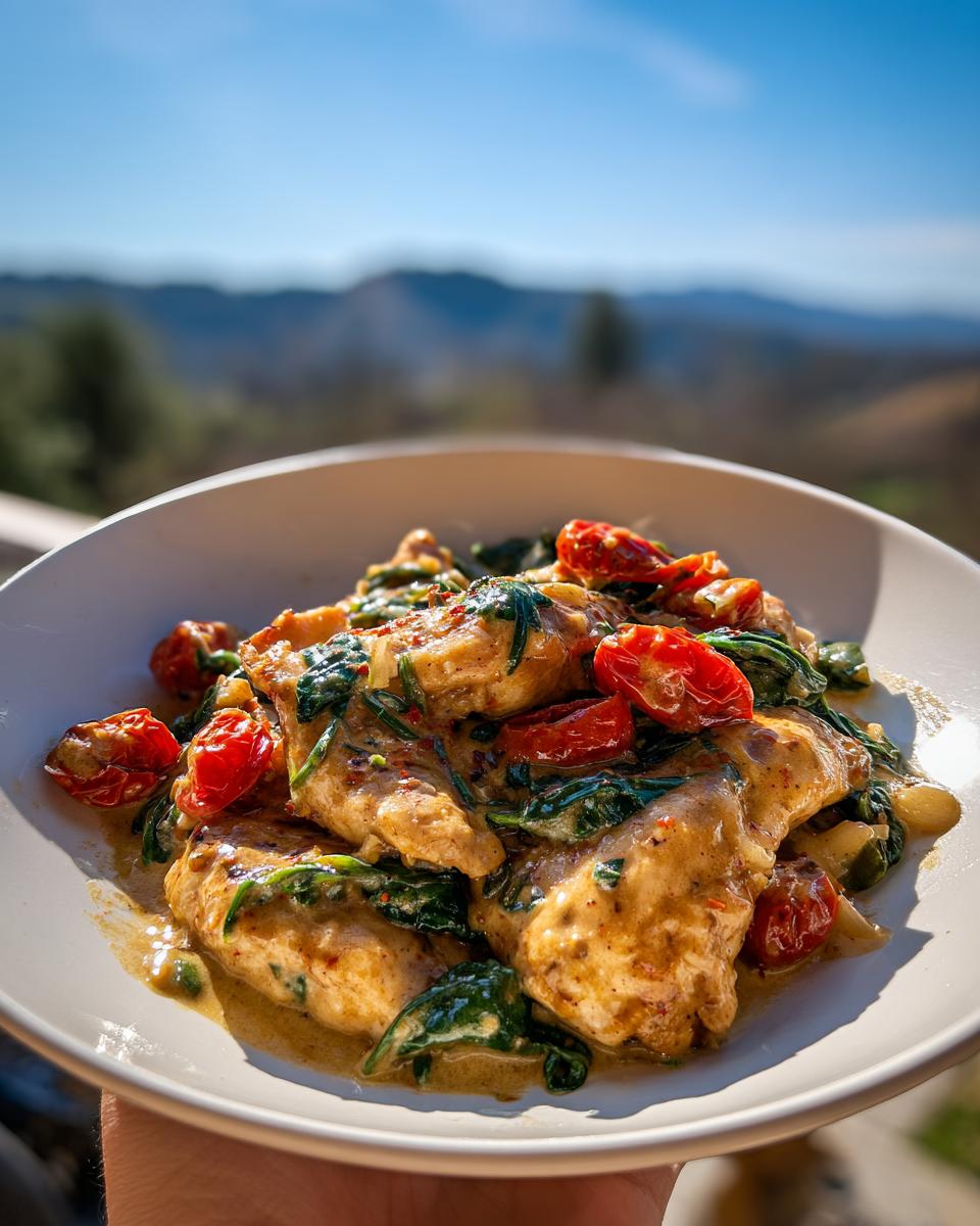 Close-up of Creamy Tuscan Chicken Easy Dinner with cherry tomatoes and spinach in a creamy sauce.