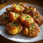 A close-up shot of golden-brown Crispy Garlic Butter Smashed Potatoes sprinkled with fresh parsley on a white plate.