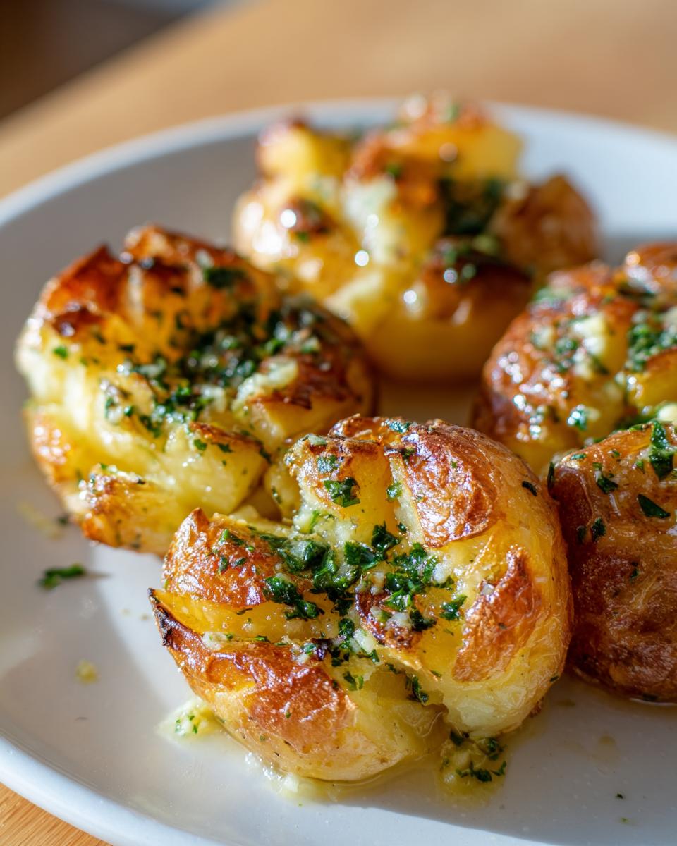 Close-up of Crispy Garlic Butter Smashed Potatoes, glistening with butter and topped with fresh parsley.