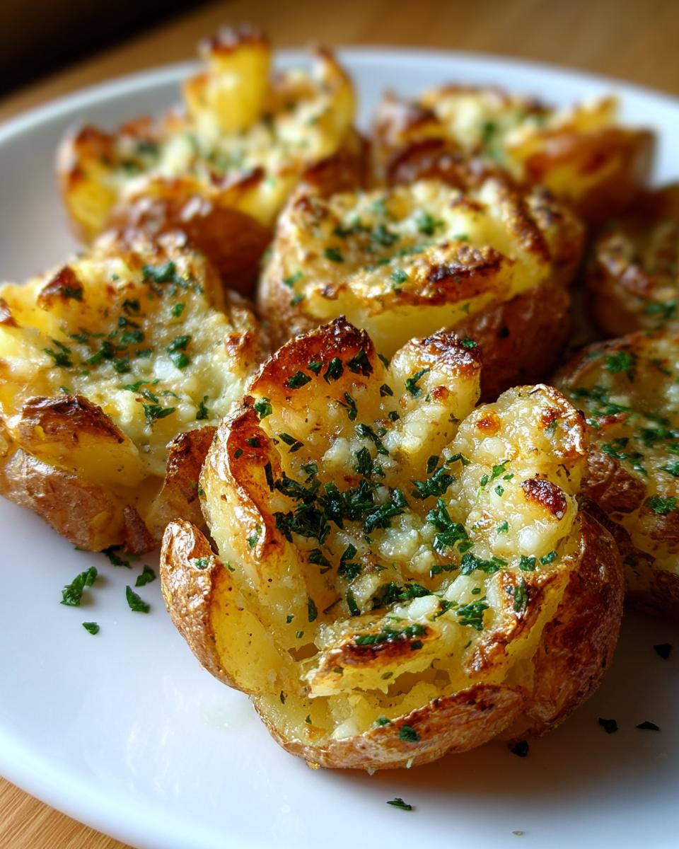 Close-up of Crispy Garlic Butter Smashed Potatoes, golden brown and sprinkled with fresh parsley.