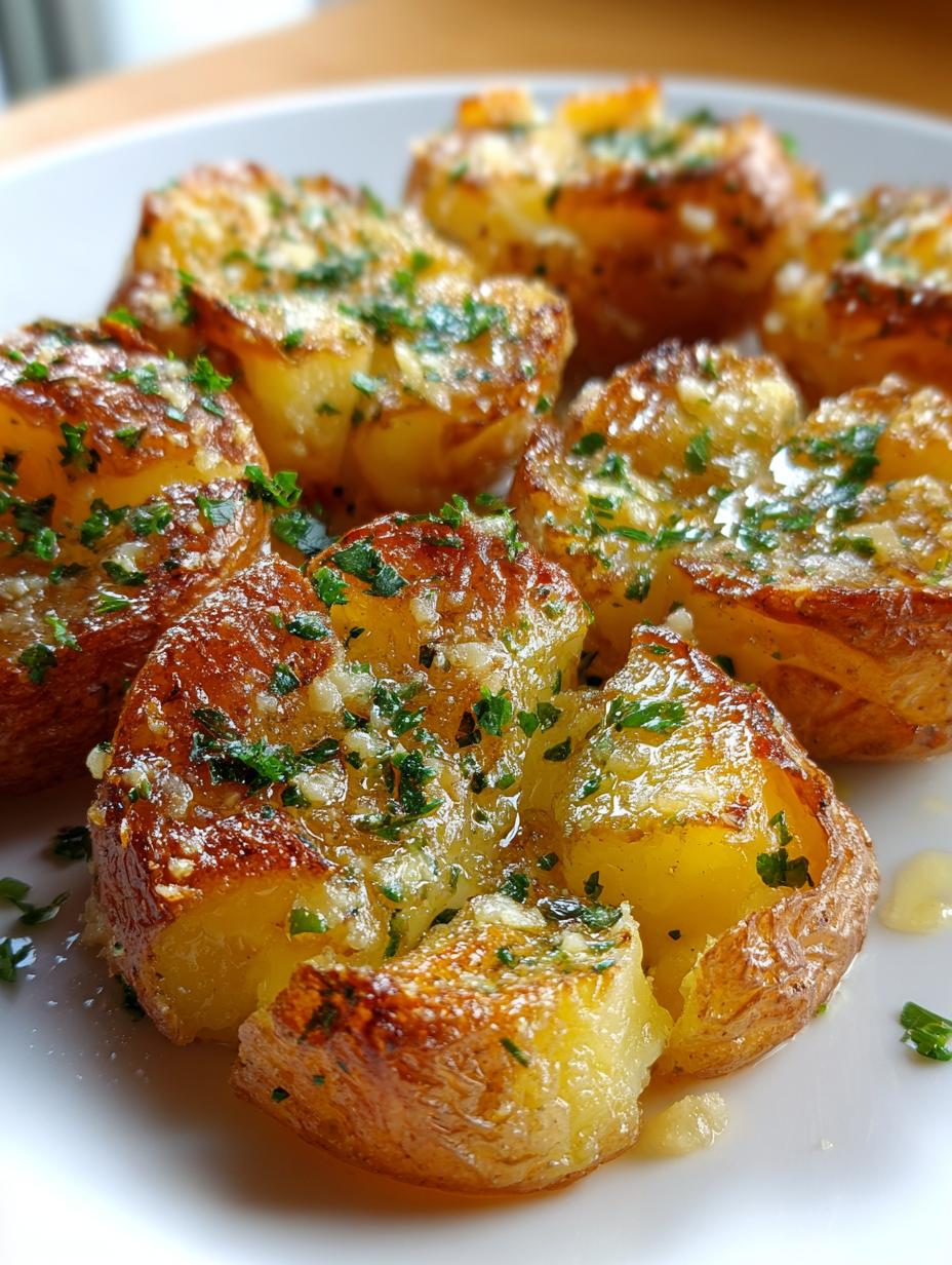 A close-up of golden-brown Crispy Garlic Butter Smashed Potatoes, glistening with butter and sprinkled with fresh parsley.