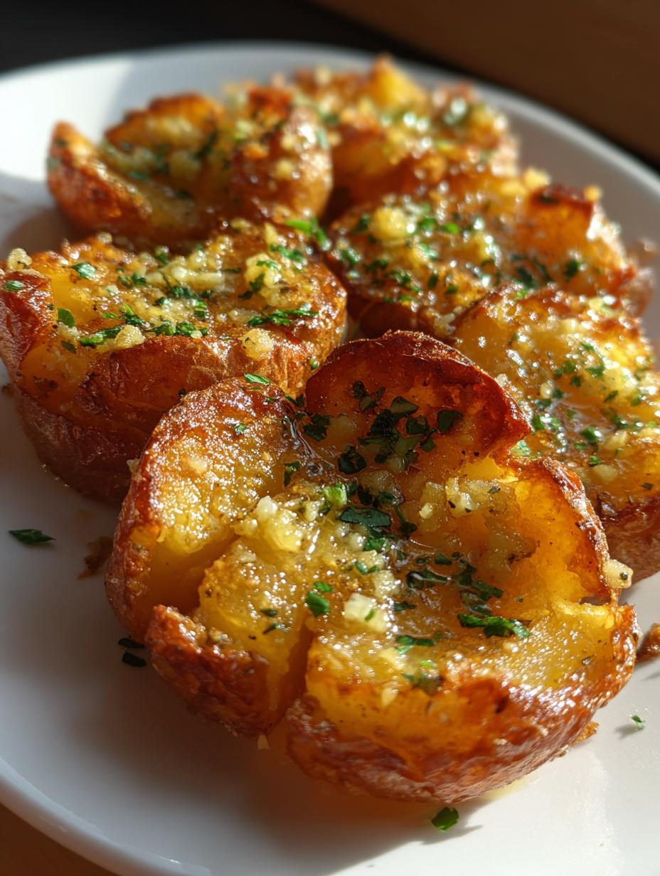 Close-up of golden brown Crispy Garlic Butter Smashed Potatoes topped with chopped parsley and garlic.