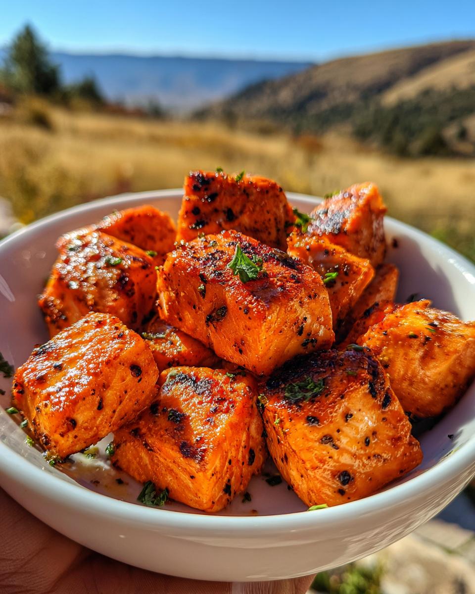 A bowl of delicious Crispy Salmon Bites made in the air fryer, seasoned and garnished with herbs.