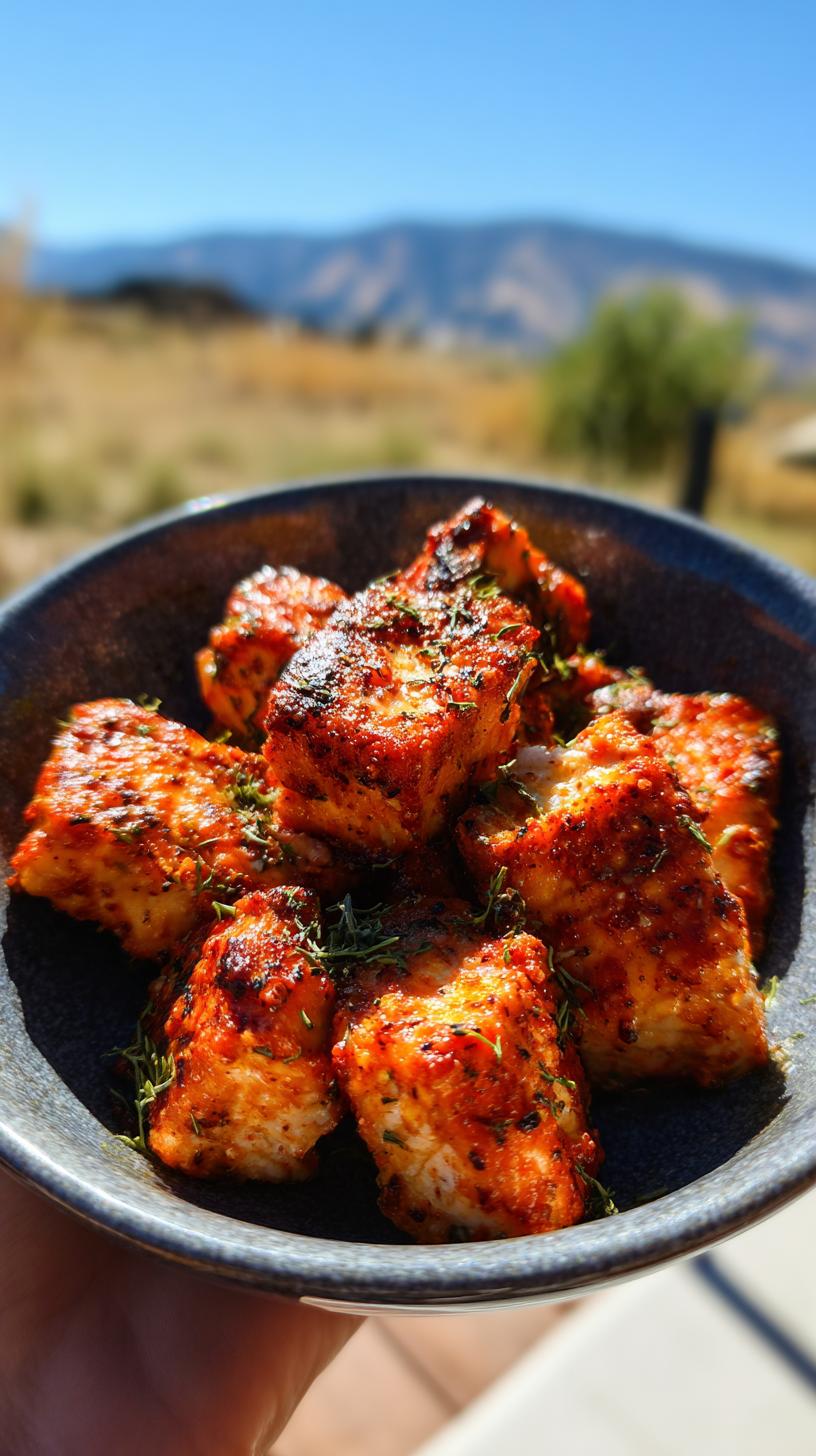 Close-up of a bowl filled with crispy salmon bites seasoned with spices and herbs, made using an air fryer.