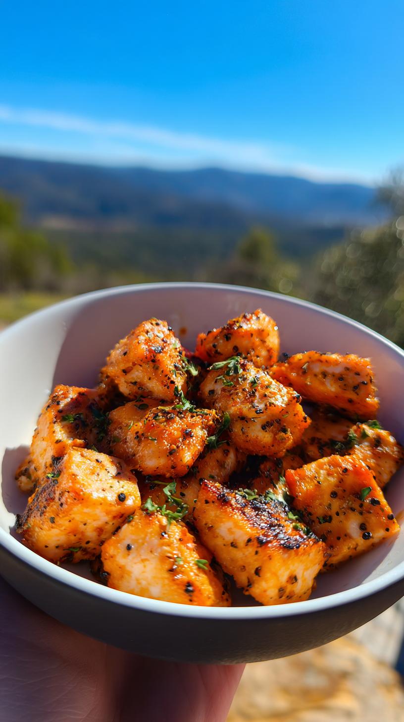 A bowl of perfectly cooked Crispy Salmon Bites made with an Air Fryer Recipe, seasoned and garnished with herbs.