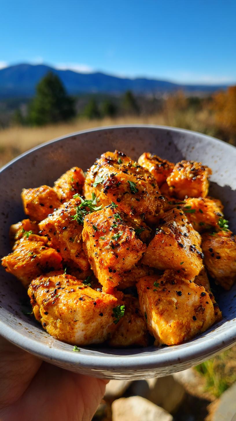 A bowl of delicious Crispy Salmon Bites made with an Air Fryer Recipe, seasoned and garnished with parsley.