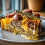 A slice of Crockpot Turkey and Potato Casserole topped with sausage slices and fresh thyme.