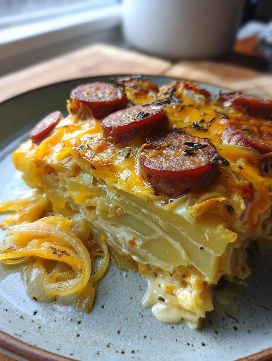 A close-up of a slice of Crockpot Turkey and Potato Casserole, featuring layers of potatoes, melted cheese, and sausage slices.