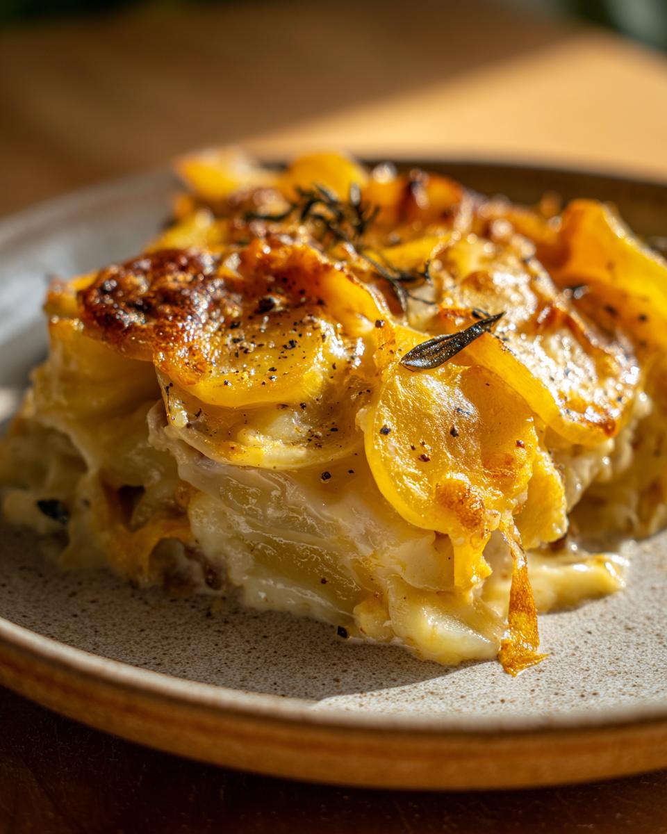 A close-up of a hearty slice of Crockpot Turkey and Potato Casserole, featuring golden-brown potatoes and creamy sauce.