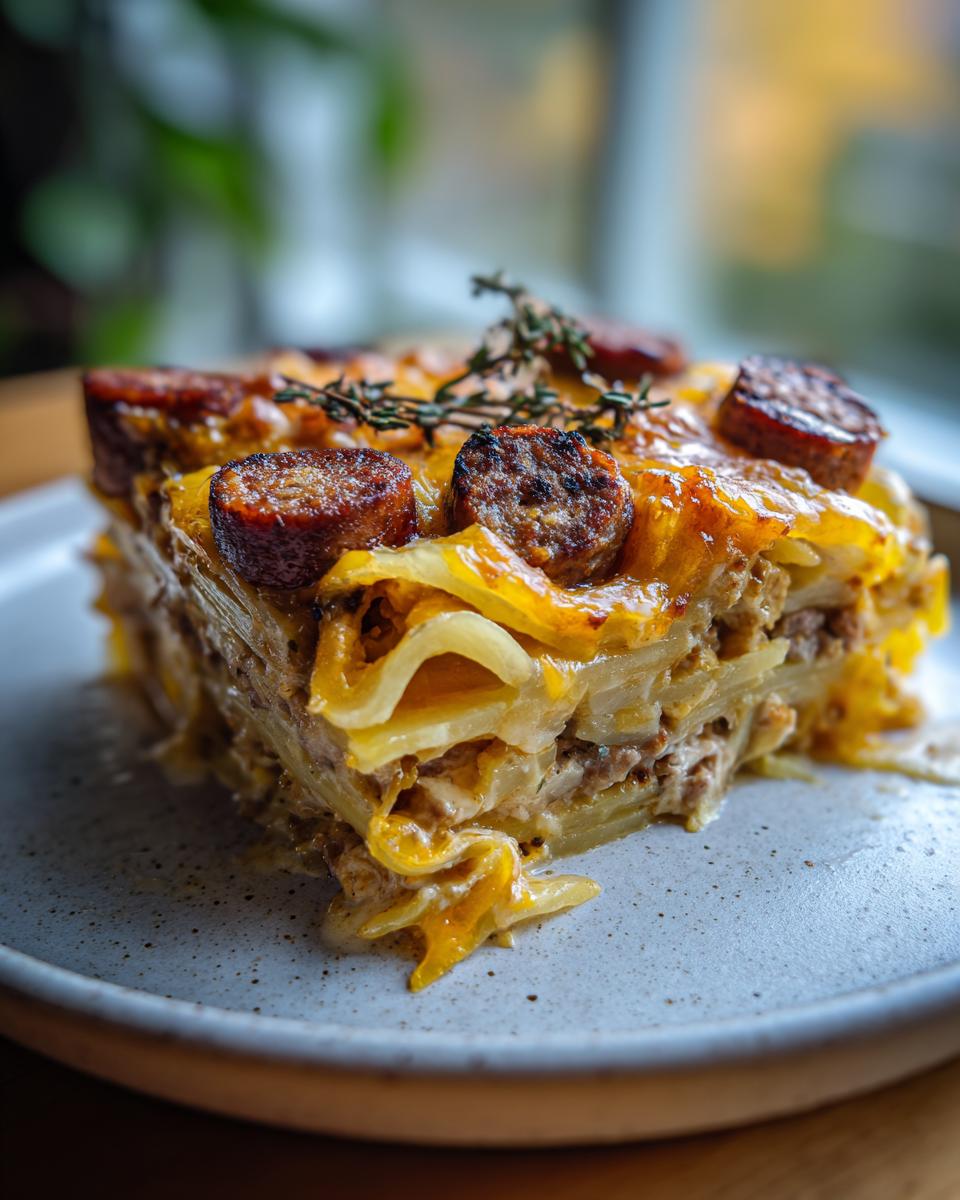 A slice of Crockpot Turkey and Potato Casserole topped with sausage and herbs on a plate.