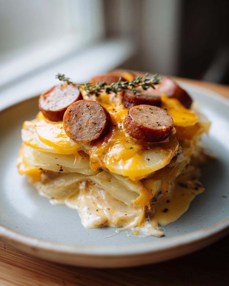 A close-up of a slice of Crockpot Turkey and Potato Casserole, topped with sausage and cheese.