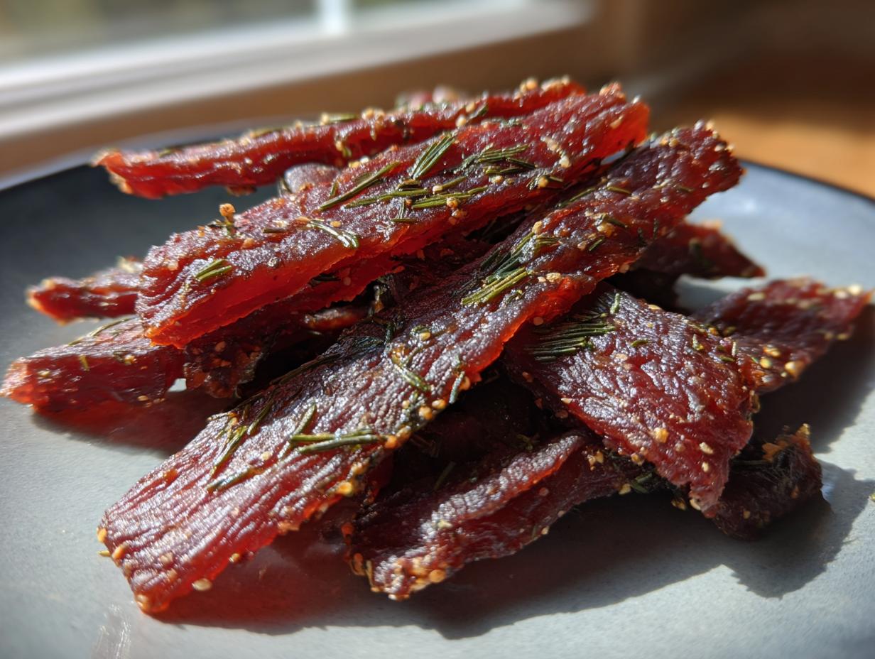 A close-up of homemade Dill Pickle Beef Jerky, seasoned with herbs and spices, piled on a gray plate.