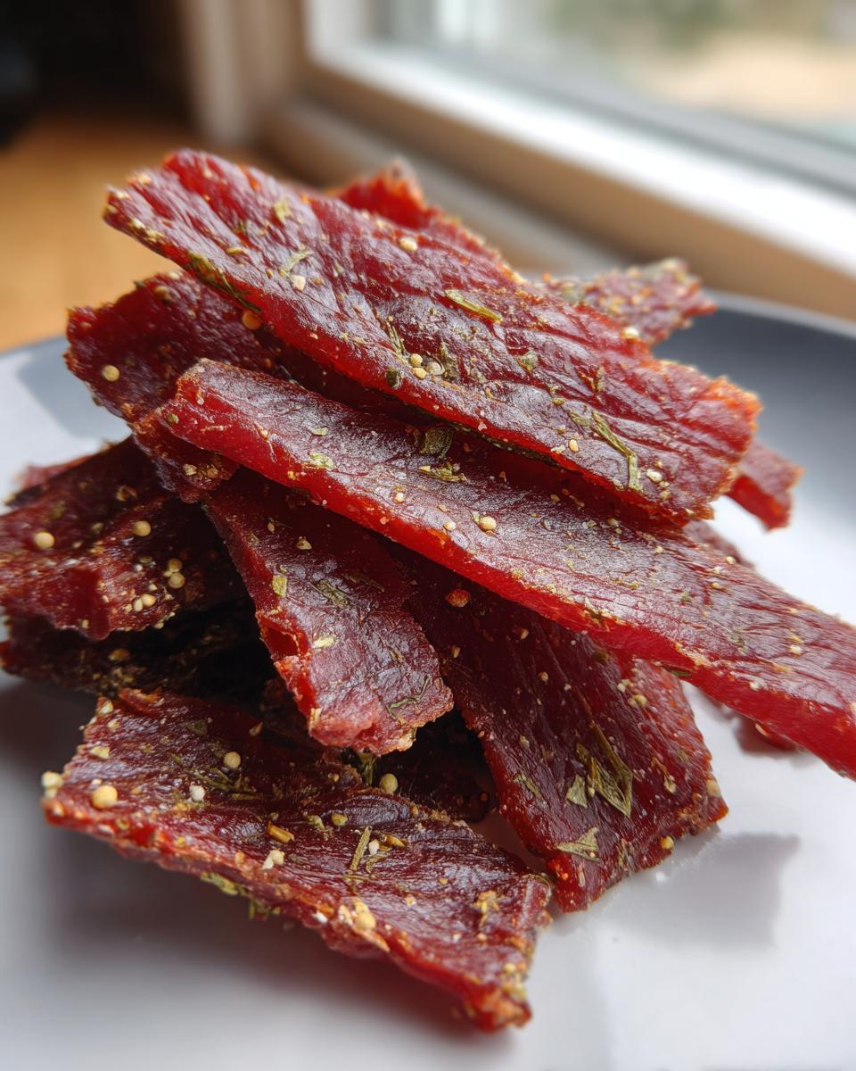 A close-up of a pile of homemade Dill Pickle Beef Jerky, seasoned with herbs and spices.